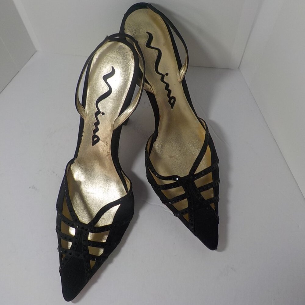 NINA, Black Satin, Sling Back Pump with Black Sequins on Caged Toe Design